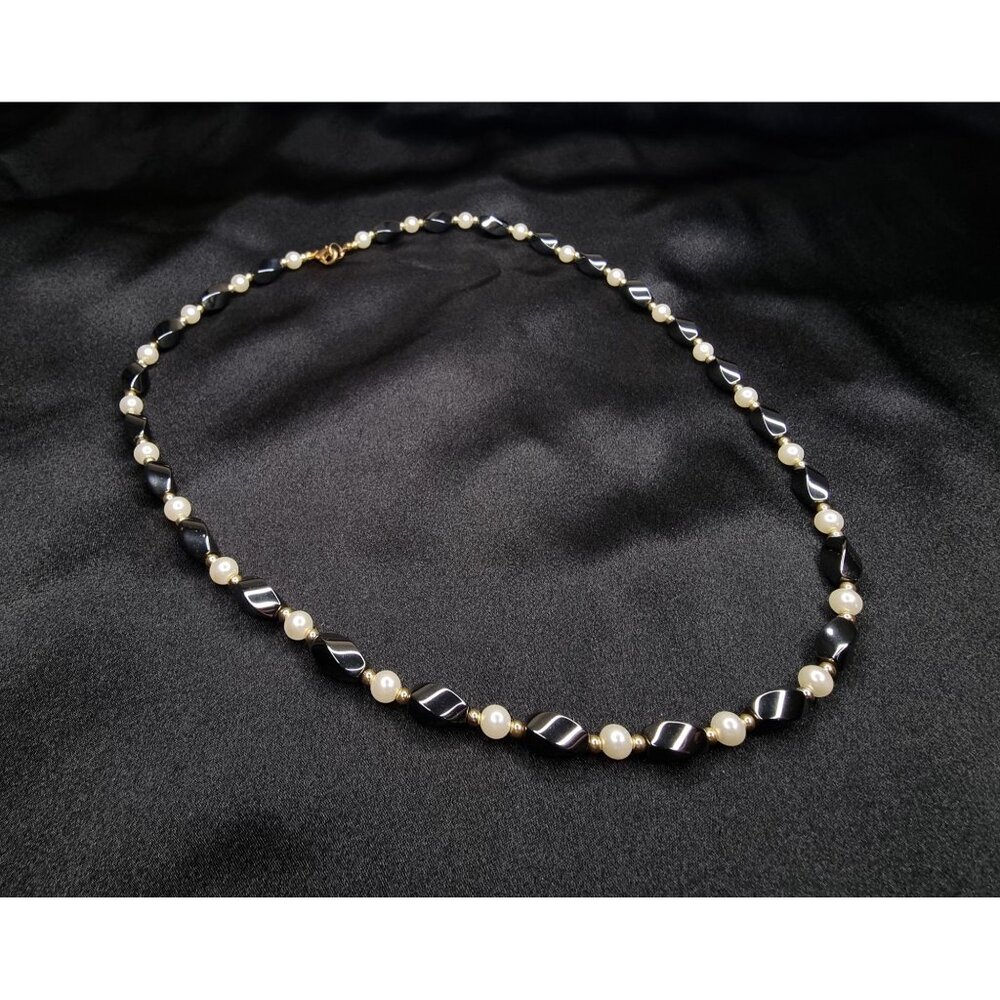 Hematite & Faux Pearl Necklace With Gold-Tone Accents